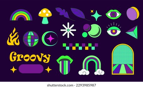 Vector set of 70s psychedelic clipart sticker . Retro graphic elements or Cartoon hippy stickers. Vintage illustrations. hipster abstract artwork.