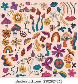 Vector set of 70s psychedelic clipart. Retro-groovy graphic elements in the form of rainbows, mushrooms, flowers, eyes, lips, leaves. Cartoon hippy stickers. Vintage boho illustrations