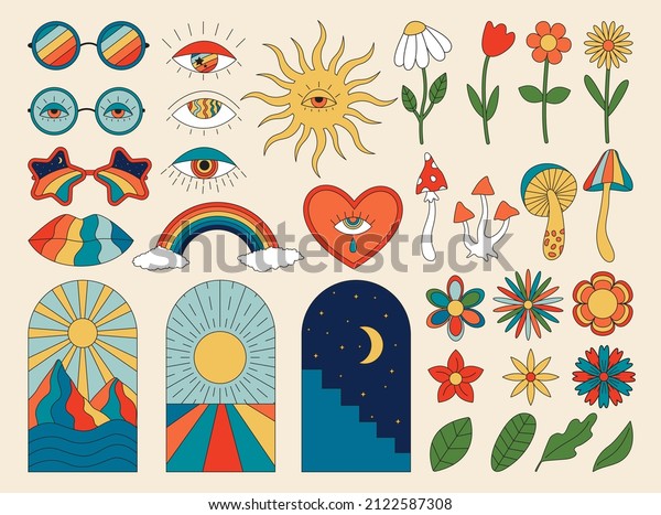 Vector set of 70s\
psychedelic clipart. Retro groovy graphic elements of sunglasses,\
mushrooms, flowers, eyes, lips, windows. Cartoon hippy stickers.\
Vintage boho\
illustrations