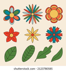 Vector set of 70s psychedelic flowers and leaves. Retro groovy floral elements for design and print. Cartoon hippy stickers. Vintage illustrations