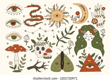 Vector set of 70s psychedelic mystery forest stickers. Hippy elements of snake, skull, eye, mushrooms, woman, hand, moth. Cartoon witchcraft illustrations. Vintage boho clipart