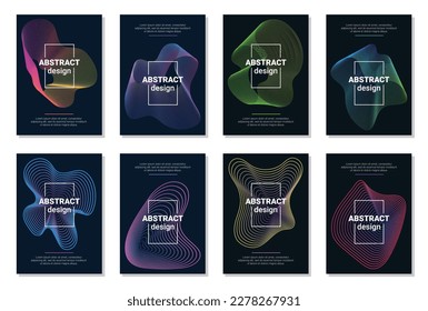 Vector set of 8 abstract brochures, covers, flyer templates with dynamic amorphous flowing gradient particle water curve waves and modern organic line. Retro futurism geometric, cyberpunk, technology.