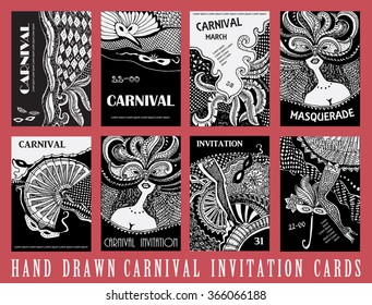 Vector Set of 8 abstract cards. Carnival Party invitation. Masquerade stickers. Mardi Gras holiday. Black and white hand drawn doodle sketch. Tribal ornaments, checkered texture.