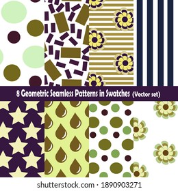 Vector set of 8 abstract geometric seamless patterns added in swatches, Can be used in fabric, stationary, wrapping paper. EPS10