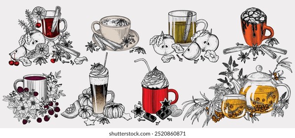 Conjunto vetorial de 8 bebidas de outono. Chá de espinheiro-do-mar, cacau de marshmallow, cidra de maçã, café com café temperado, chocolate quente com creme, chocolate com especiarias de abóbora com leite, chá com colos de rosa e framboesas, vinho com casca