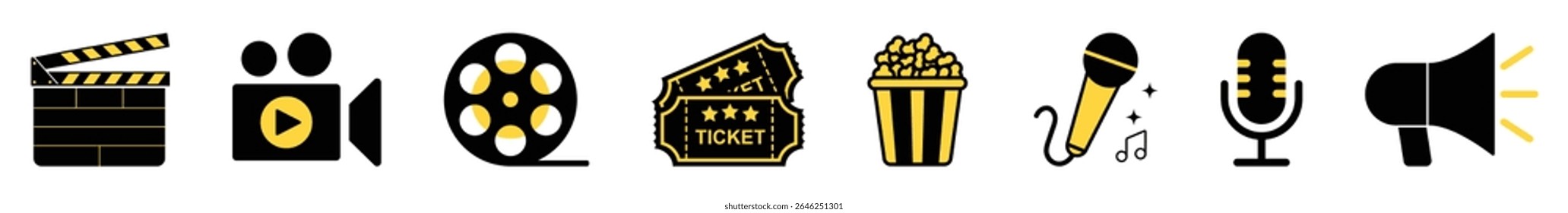 Vector set of 8 cinema and entertainment icons including clapper board, camera, film reel, ticket, popcorn, microphone, and megaphone. Perfect for movies, media, music, events, and promotions.