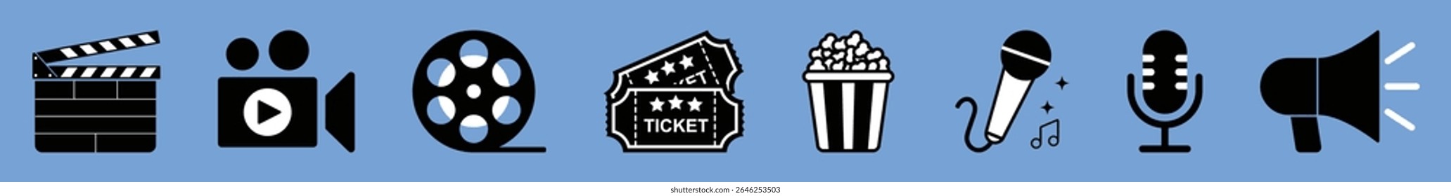 Vector set of 8 cinema and entertainment icons including clapper board, camera, film reel, ticket, popcorn, microphone, and megaphone. Perfect for movies, media, music, events. icons, vector.