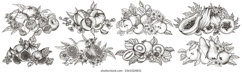 Vector set of 8 different fruits with leaves and flowers, cut, sliced ​​and whole. Tangerines, apples, figs, kiwi, orange, peach, pear, papaya