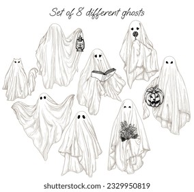 Vector set 8 different ghosts in engraving style  Ghost and book  and lamp  and bouquet  and candy  and halloween pumpkin  ghost cat
