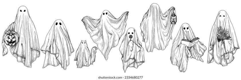 Vector set of 8 different ghosts in engraving style. Ghost with a book, with a lamp, with a bouquet, with a candy, with halloween pumpkin, ghost cat