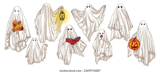 Conjunto vectorial de 8 fantasmas diferentes en estilo grabado. Fantasma con un libro, con una lámpara, con un ramo, con un dulce, con una calabaza de halloween, un gato fantasma