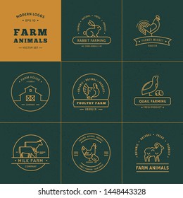 Vector set of 8 farm logos made in a linear style. A collection for farmers, grocery stores and other industries. Isolated on background vector is drawn farm with plants, and mountains