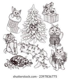 Vector set of 8 holiday cats. Siamese lop-eared, tabby, British, fluffy. In a Christmas tree, with Christmas decorations, in a gift box, wrapped in a garland, in a Christmas stocking, with champagne