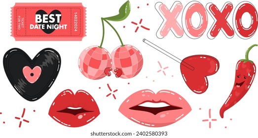 Vector set of 8 illustrations in a flat cartoon style for Valentine's Day. Date ticket, xoxo inscription, lover cherries disco balls, vinyl record, lollipop heart, hot pepper, kisses lips. Red pink.
