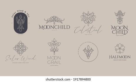 Vector set of 8 logos in trendy thin line celtic elven style. Moon, butterfly, leaves, diadem, knots - esoteric and organic cosmetics concepts for logotype and branding. Loop elements