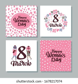Vector set of 8 march cards. Happy womens international day design.