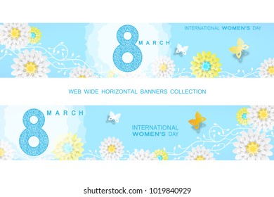Vector set of 8 of March - International Women's Day wide banners on the gradient blue background with curly branches of flowers, butterflies, text, flowers.