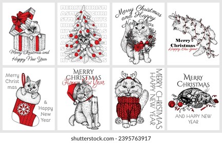 Vector set of 8 posters with Christmas cats.  Siamese lop-eared, tabby, British, fluffy. In a Christmas tree, with Christmas decorations, in a gift box, wrapped in a garland, in a Christmas stocking