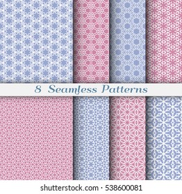 Vector set of 8 seamless color hexagon patterns in arabian style. Geometric repeating texture for Wedding, Bridal, Valentine's day, greeting cards or Birthday Invitations, fabric or paper print.