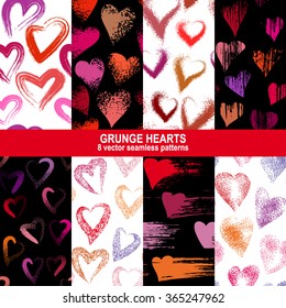 Vector set of 8 seamless grunge hearts patterns