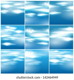 Vector set of 9 beautiful blue sky with clouds illustrations