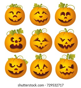 Vector set of 9 bright colorful funny faces from a pumpkin Halloween