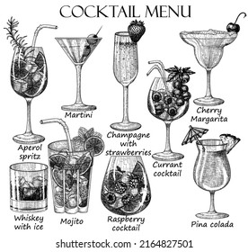 Vector set of 9 cold drinks in engraving style. Graphic linear aperol spritz, mojito, strawberry champagne, berry cocktail, martini, iced whiskey, cherry margarita, pina colada