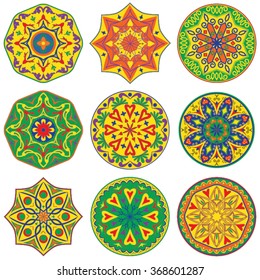 Vector set of 9 colorful decorative elements mandala.