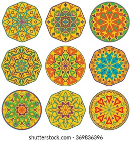 Vector set of 9 colorful decorative elements mandala.