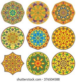 Vector set of 9 colorful decorative elements mandala.