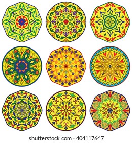 Vector set of 9 colorful decorative elements mandala.