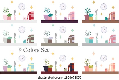 Vector Set 9 colors, shelf with books, flowers and a light, clock. Hygge theme for web, print