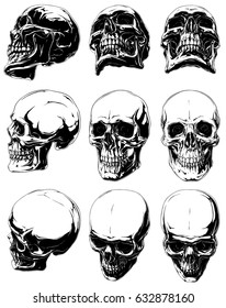 Vector set 9 cool realistic detailed graphic black   white human skulls in different projections
