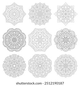 Vector set of 9 decorative elements mandala in black and white coloring pages