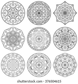 Vector set of 9 decorative elements mandala in black and white.