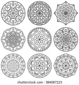 Vector set of 9 decorative elements mandala in black and white.