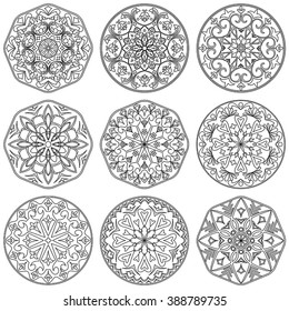 Vector set of 9 decorative elements mandala in black and white.