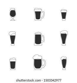 Vector set of 9 different beer glasses silhouettes isolated on white background. Mugs and glasses with fresh beer for packaging, decor, menu design and your own projects.