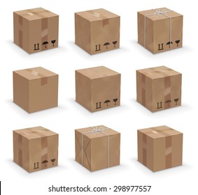 Vector set of 9 different cardboard  boxes, old, worn and brand new