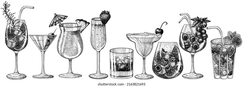 Vector set of 9 different drinks in glasses in engraving style. Graphic linear aperol, mojito, strawberry champagne, berry cocktail, martini, iced whiskey, cherry margarita, pina colada