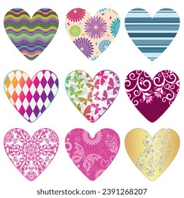 Vector set of 9 doodle hearts isolated symbols with geometric and floral patterns