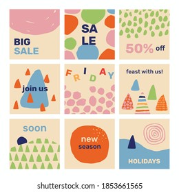 Vector set of 9 editable creative square web banners for social media with abstract shapes