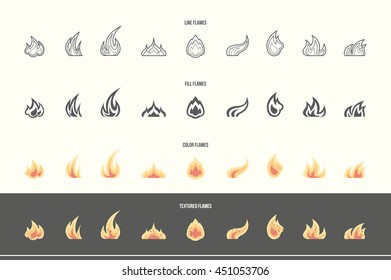 Vector set of 9 fire flat icons in 4 different styles - line, fill, color and textured pictogram. Flame shapes, logo template, danger concept.