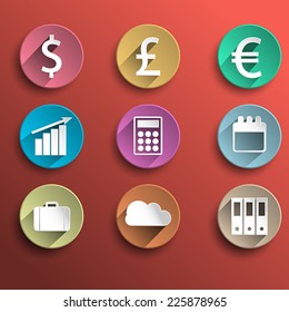Vector set of 9 flat business icons with long shadow