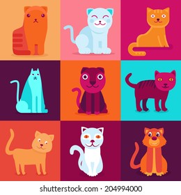 Vector set of 9 flat cat illustrations - funny and friendly cartoon characters