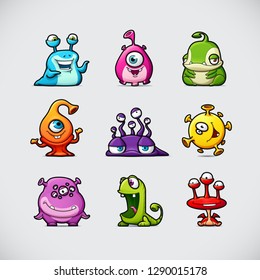 Vector Set of 9 Funny Cartoon Monsters.