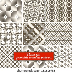 Vector set: 9 geometric patterns.  Can be used for wallpaper, web page background, as fabric pattern.  EPS 10.