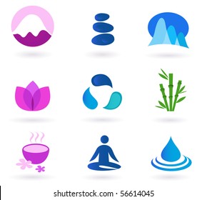 Conjunto vectorial de 9 elementos de diseño gráfico inspirados en el agua, la naturaleza, el alma y la meditación. Perfecto uso para sitios web, revistas y folletos de bienestar.