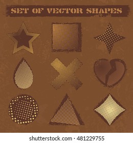 
Vector set of 9 grunge halftone shapes consists of stars, square, drop, cross, heart, circle, triangle, rhombus. Fully editable collection for posters, t-shirts design and your other projects.