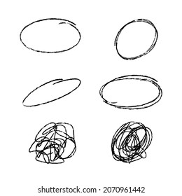 Vector Set of 9 Hand Drawn Scribble Circles. Paint ink brush strokes. Uniqiue handdrawn shapes of ovals for logo and graphic design. Isolated black vector illustration on a white background.